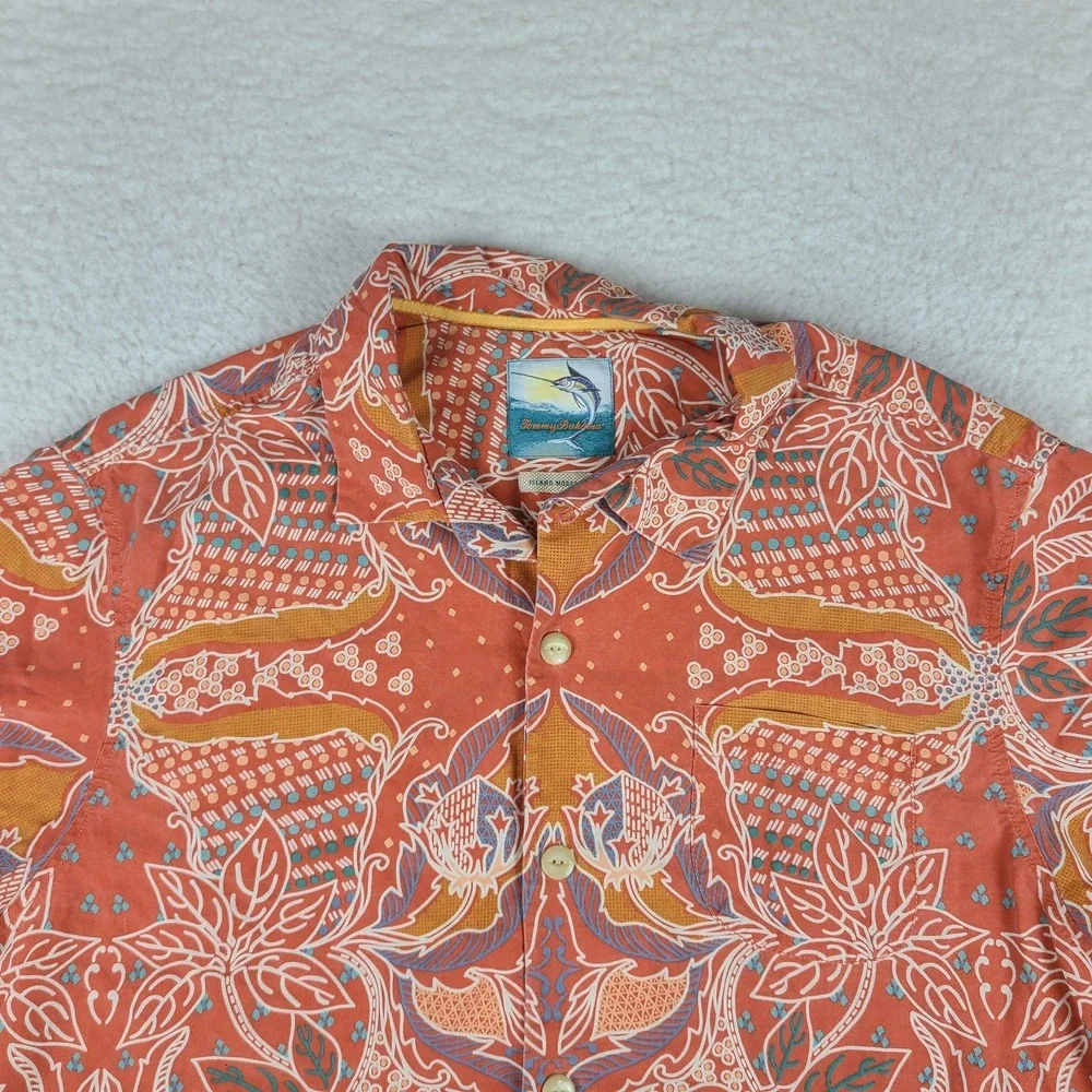 Tommy Bahama Shirt Mens Large Orange Blue Island Modern Fit Hawaiian Button Up
